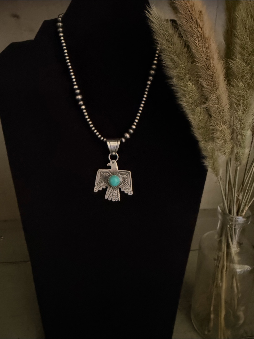 Native 925 Sterling Silver and Kingman Turquoise Thunderbird Pendant - Picture 2 of 4